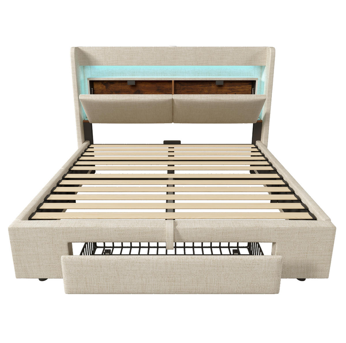 POLSTERBETT 160/200 cm mit Bettkasten, LED und USB-Anschluss, Beige - Beige, Textil (160/200cm) - BEAOK