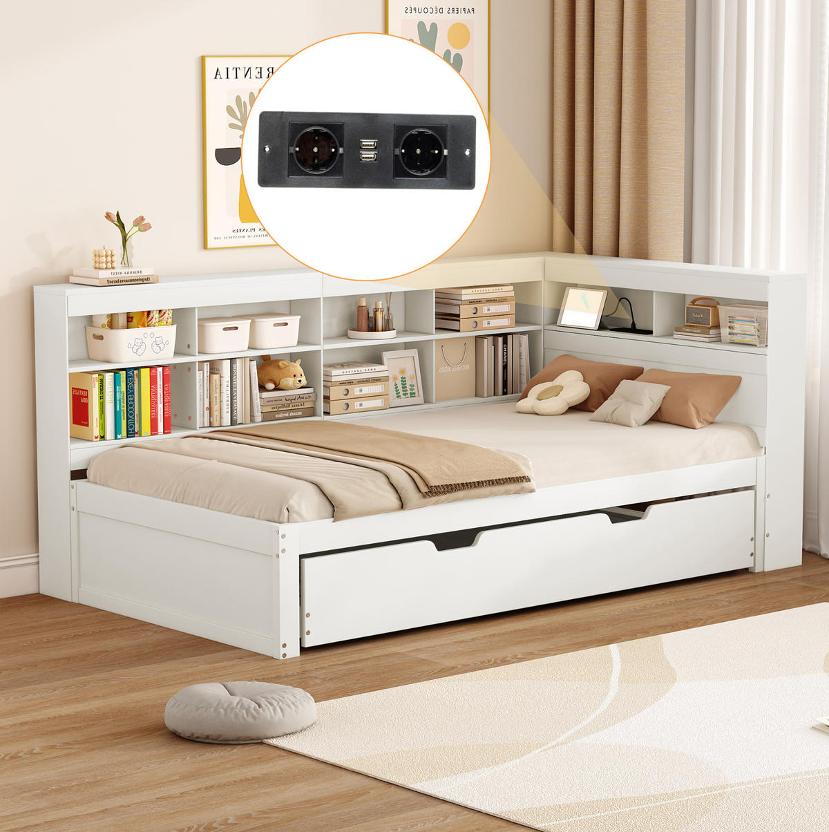 AUSZIEHBETT 90/200 cm aus Holz mit Stauraum und USB-Anschluss, Weiß - Weiß, Holz (90/200cm) - Flora Grace