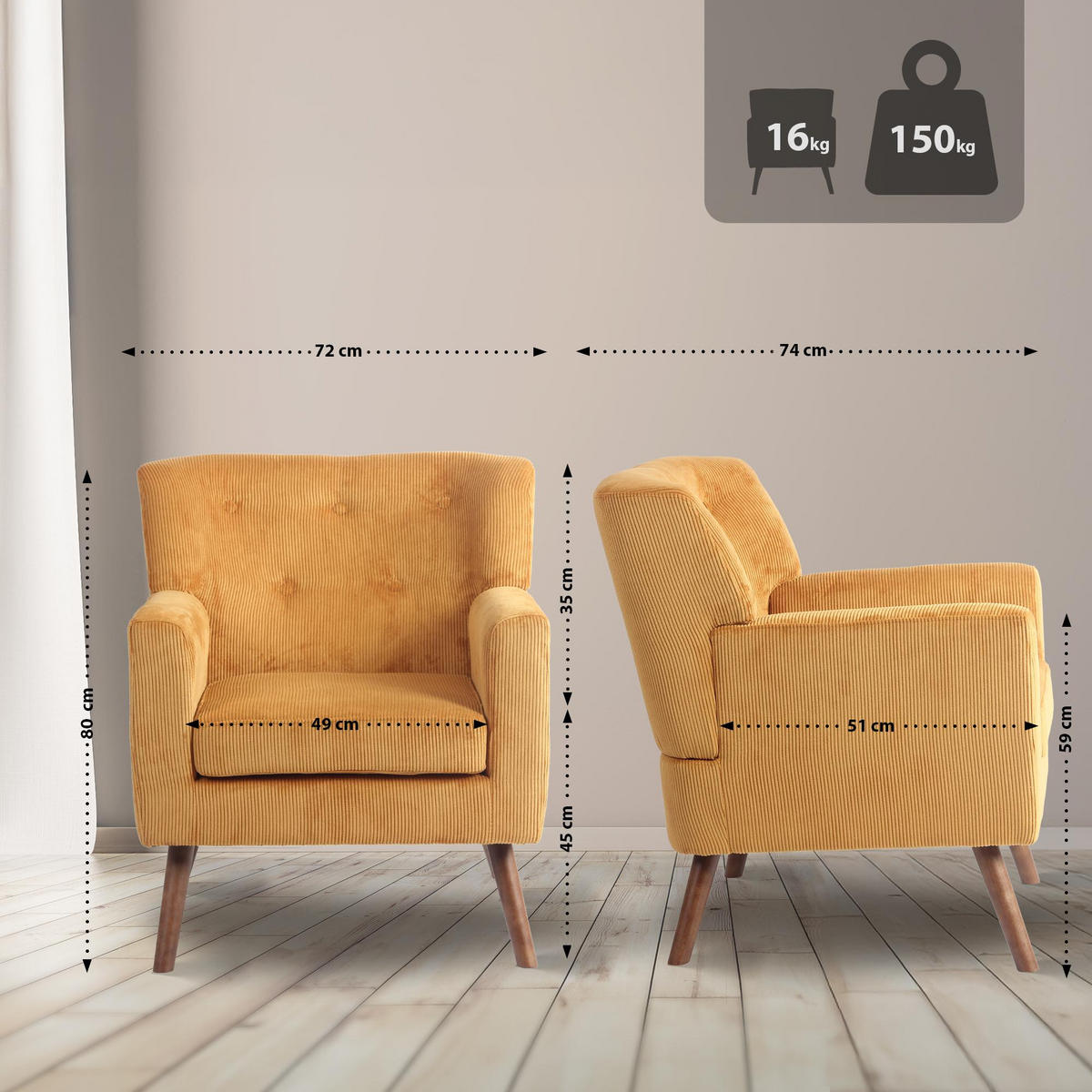 SESSEL Cord Orange - Braun/Orange, Holz/Textil (72/80/74cm) - CLP