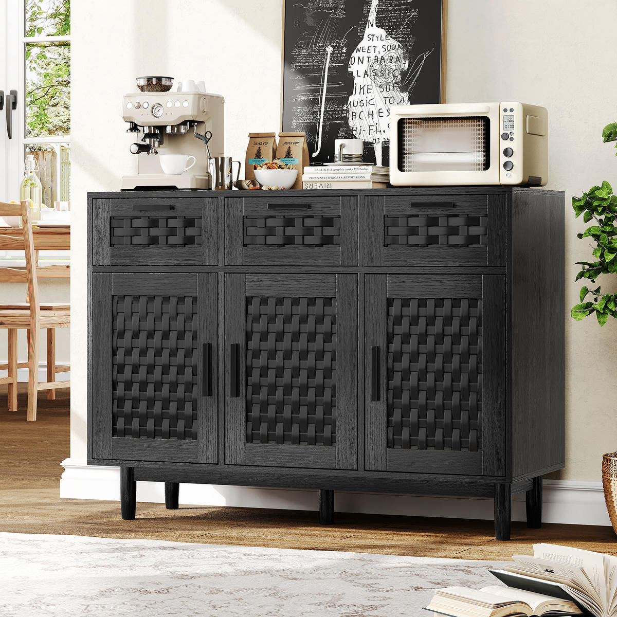 SIDEBOARD im Rattan-Look für das Esszimmer, Aufbewahrungsschrank aus Naturholz, Wohnzimmerschrank mit 3 Schubladen und 3 Türen, schwarz - Schwarz, Holz (40/80/107.9cm) - WoodenAura