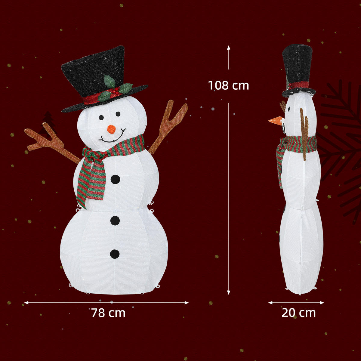 LED-SCHNEEMANN 108 cm Weihnachtsdeko mit Stahlrahmen und Spannbändern - Multicolor, Metall (20/108/78cm) - Outsunny