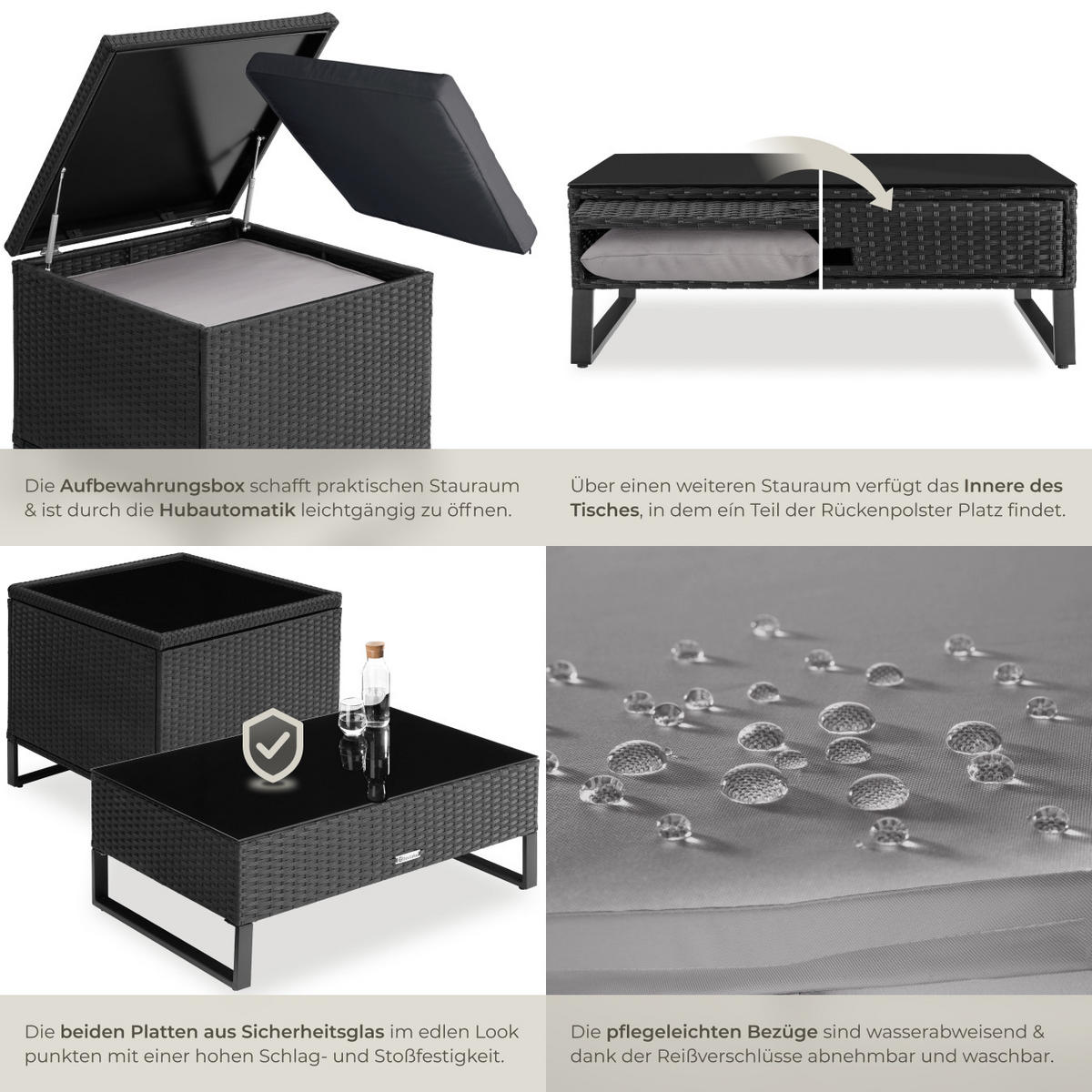 RATTANLOUNGE Ostuni,mit Sicherheitsglasplatte,schwarz - Schwarz, Kunststoff - tectake
