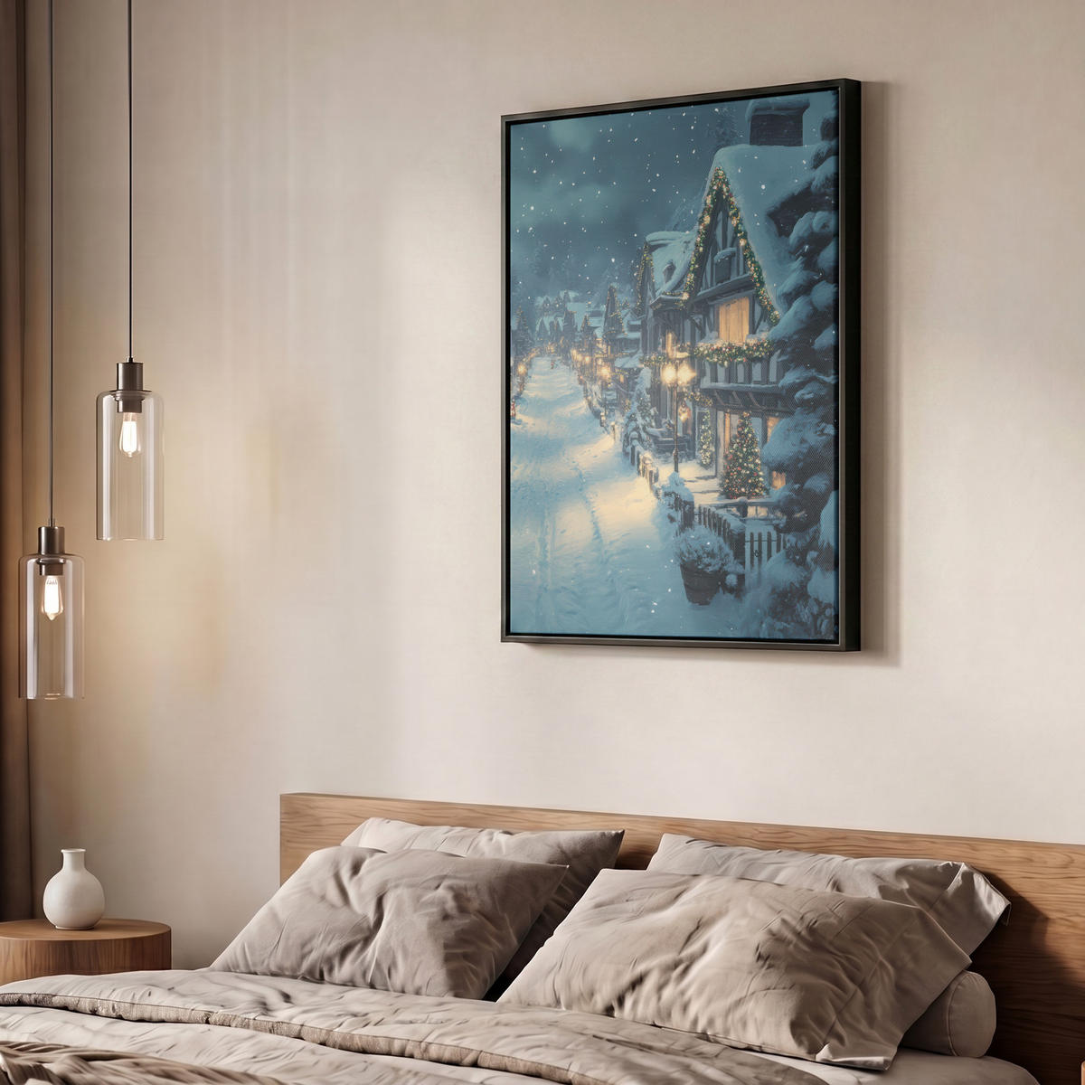 LEINWAND Bilder mit Rahmen - Weihnachtsdorf - Weihnachten - Schnee - Winter - 50x70 - Dunkelblau, Textil (50/70cm) - MuchoWow