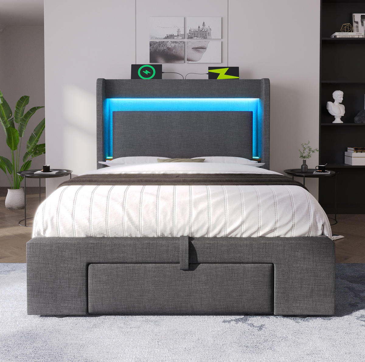 BETT mit Stauraum & LED 90x200 cm Leinen Grau - Grau, Metall (90/200cm) - Meubliv