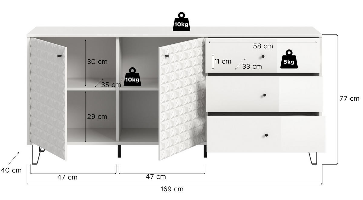 SIDEBOARD PRISMA (B/H/T: ca. 169/76/40 cm) in weiß/weiß hochglanz - Weiß, Holzwerkstoff (169/76/40cm)