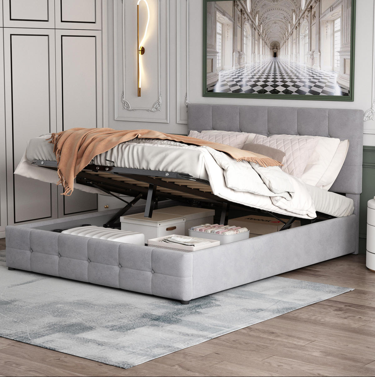 ČALÚNENÁ posteľ z MDF, kovu a zamatu 140x200 cm sivá s hydraulickým úložným priestorom a lamelovým roštom - sivá, textil (140/200cm) - Modfu