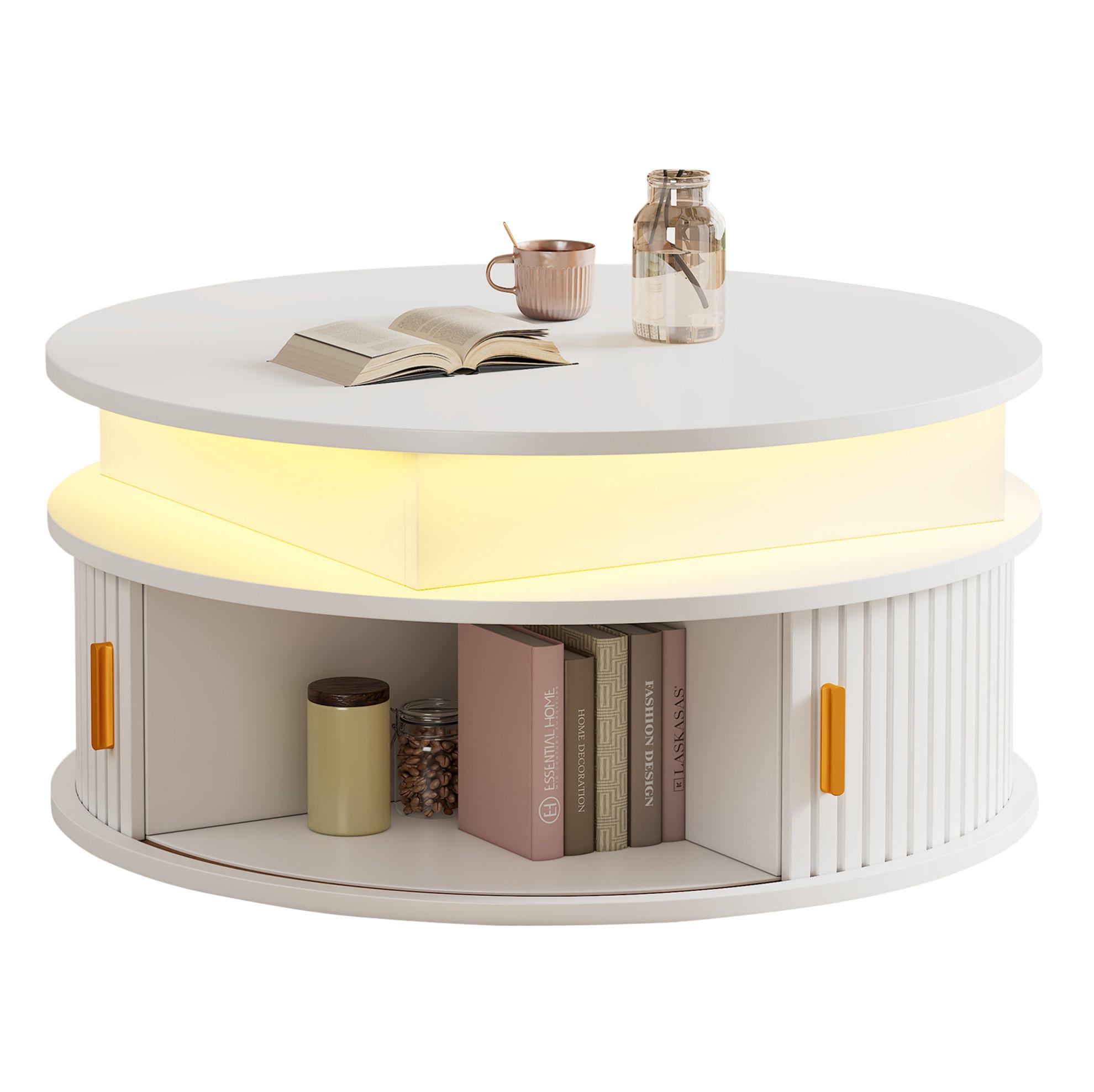 COUCHTISCH 75/75/52 cm höhenverstellbar mit LED-Beleuchtung, Rollladentüren und Stauraum aus MDF, Weiß - Weiß, Holzwerkstoff (75/75/52cm) - Redom