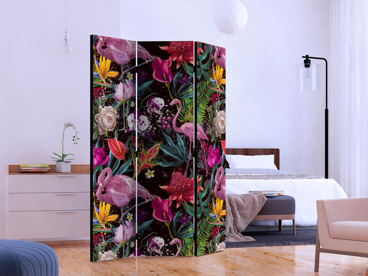 PARAVENT Einseitig Bedruckter 3-tlg 135x172 cm Flamingos Und Exotische Blumen - Rosa, Holz/Textil (135/172/3cm) - Muralo