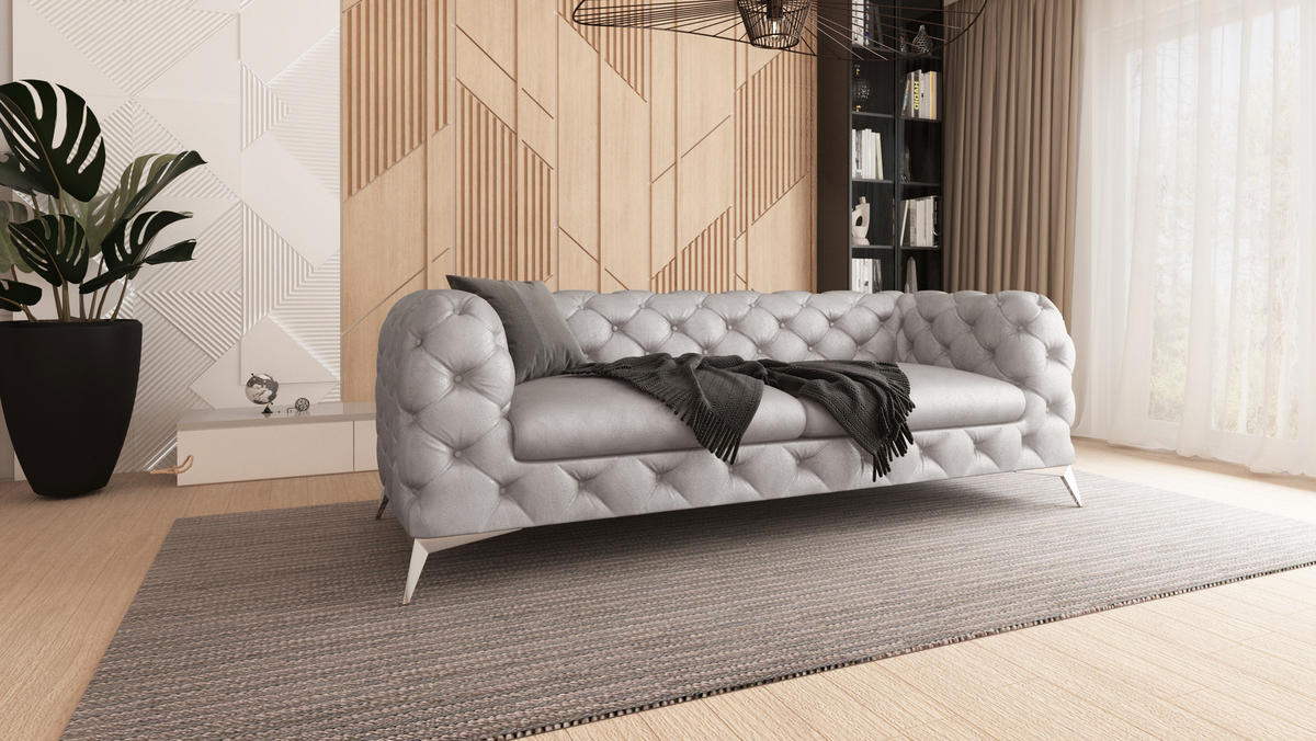 CHESTERFIELD-SOFA 3-Sitzer Quantum Grau Samt - Silberfarben/Grau, Holz/Textil (225/75/100cm) - S-Style Möbel