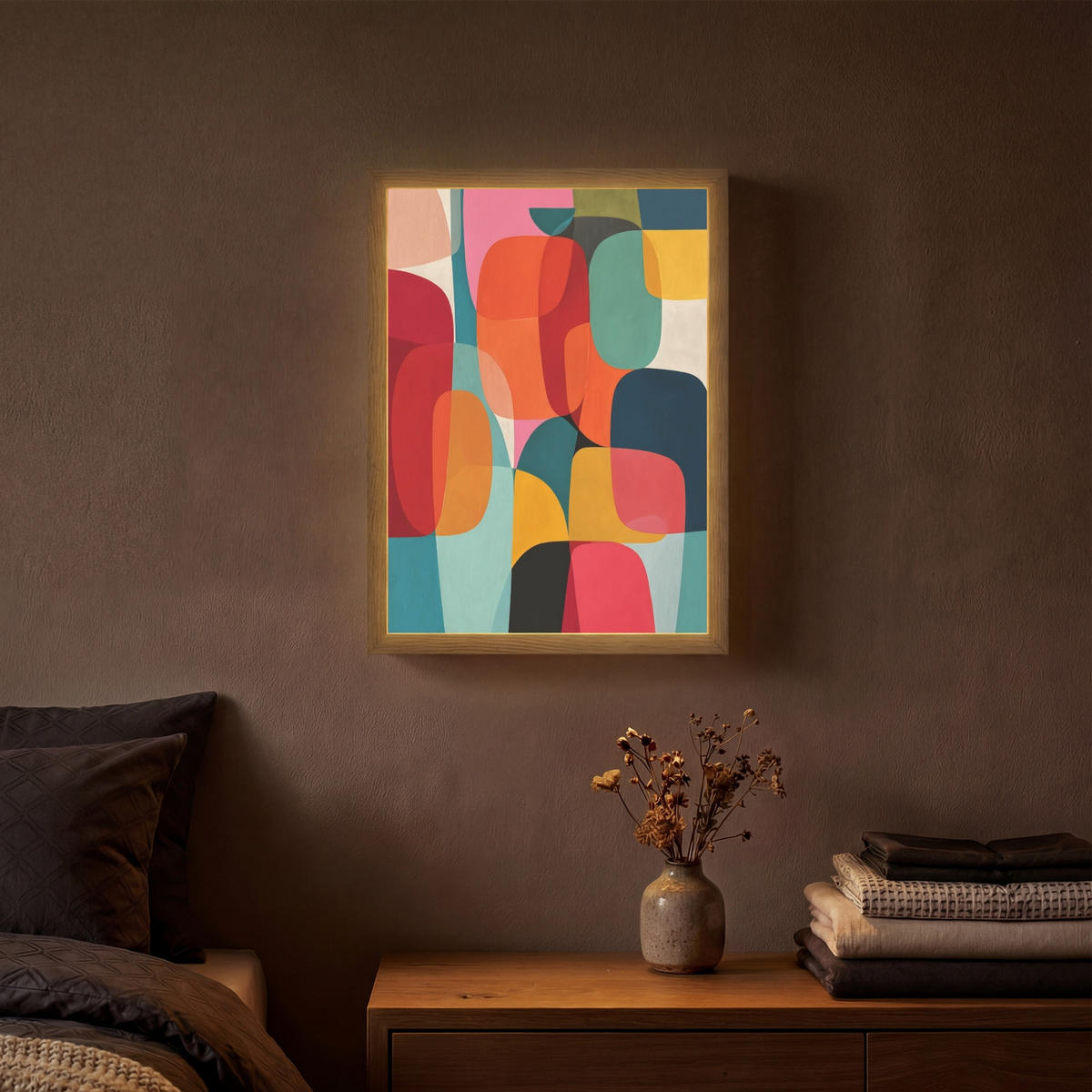 NÁSTĚNNÁ LAMPA S AKUMULÁTOREM Tvary - barevné - abstraktní - letadla 30x40 cm - různobarevná, kompozitní dřevo (30/40/8cm) - OnlyWow