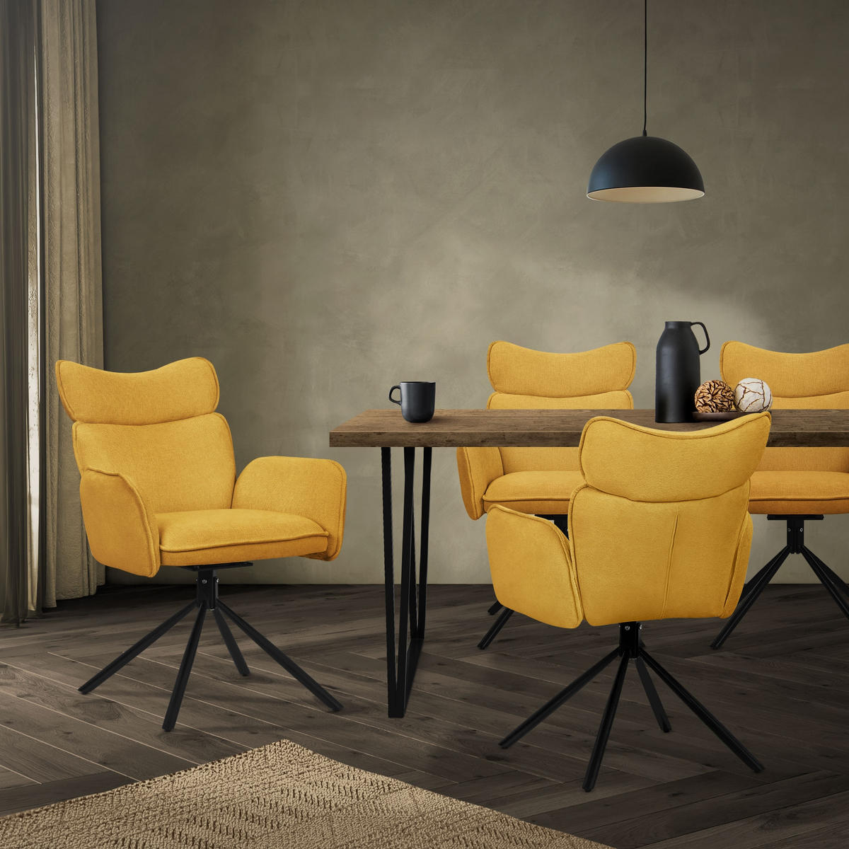 ESSZIMMERSTÜHLE 4er Set drehbar Senf mit Stoffbezug - Gelb/Schwarz, Textil/Metall (63/89/68cm) - ML-DESIGN