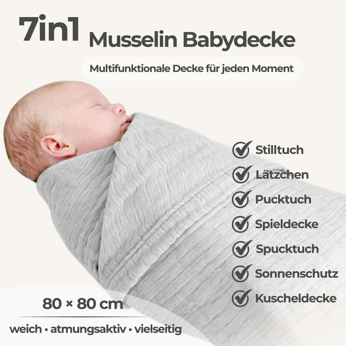 MUSSELINDECKE XL Babydecke Stilltuch Einschlagdecke Säuglingsdecke Mulltuch ab Geburt - Grau, Textil (90/120cm) - nordic coast company