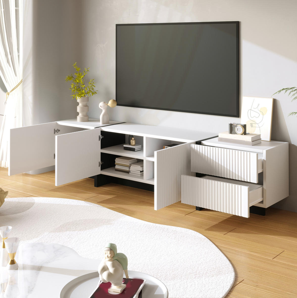 TV-SCHRANK mit 3 Türen und 2 Schubladen 190 cm MDF Schwarz Weiß - Schwarz, Holzwerkstoff (35/45/190cm) - Beauniv
