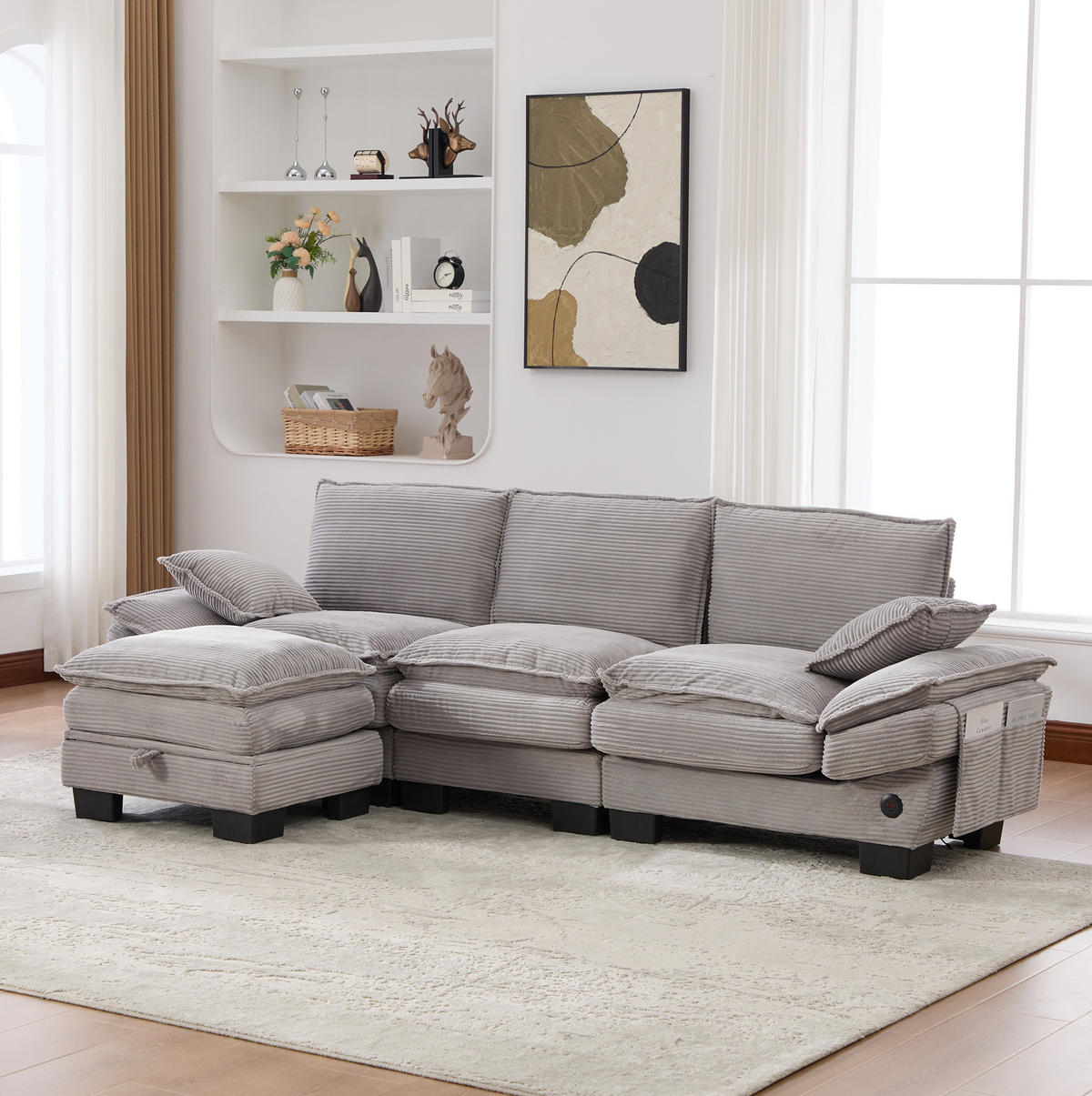 SOFA 3-Sitzer modular mit Hocker 260 x 132 cm Corduroy Light Gray - Hellgrau, Kunststoff (132/260.1cm) - Meubliv