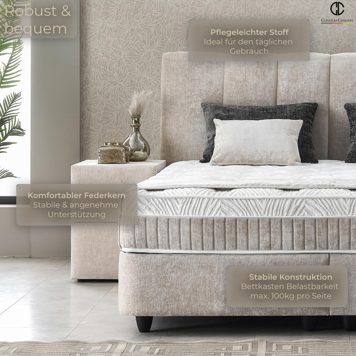 BOXSPRINGBETT MIT BETTKASTEN LISBOA 180/200 cm, Taupe, Bettkasten, Matratze, Topper integriert, H3 mittel - Taupe/Schwarz, Holz/Kunststoff (180/200cm) - Consilio Concept