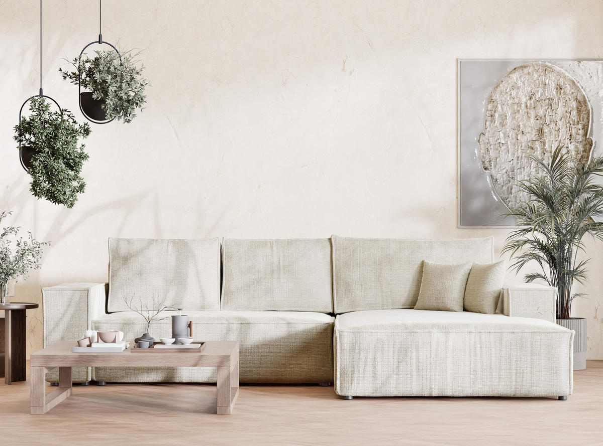 ECKSOFA Maze Beige grau Chenille-Stoff - Rechts Seite - Greige/Schwarz, Holz/Holzwerkstoff (294/185cm) - Maison de Reve