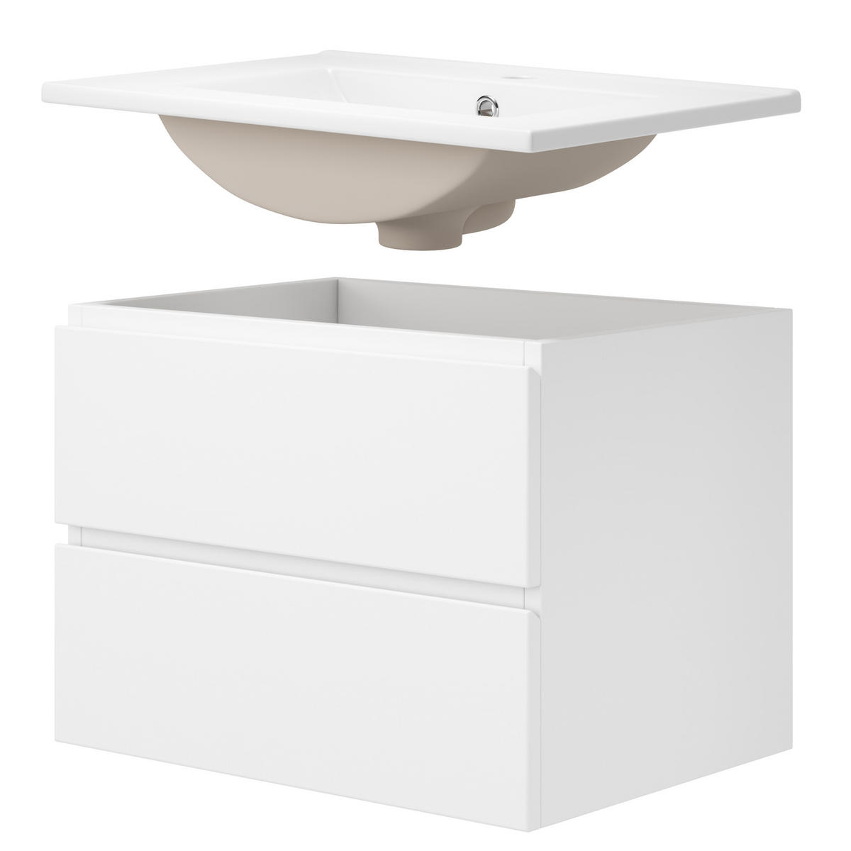 WASCHTISCH 61×46×45 cm, weiß, wandhängend, lackiert, mit LED-Radarsensor, 2 Schubladen, leisen Schienen und integriertem Waschbecken - Weiß, Holzwerkstoff (46/45/61cm) - Ej. Life