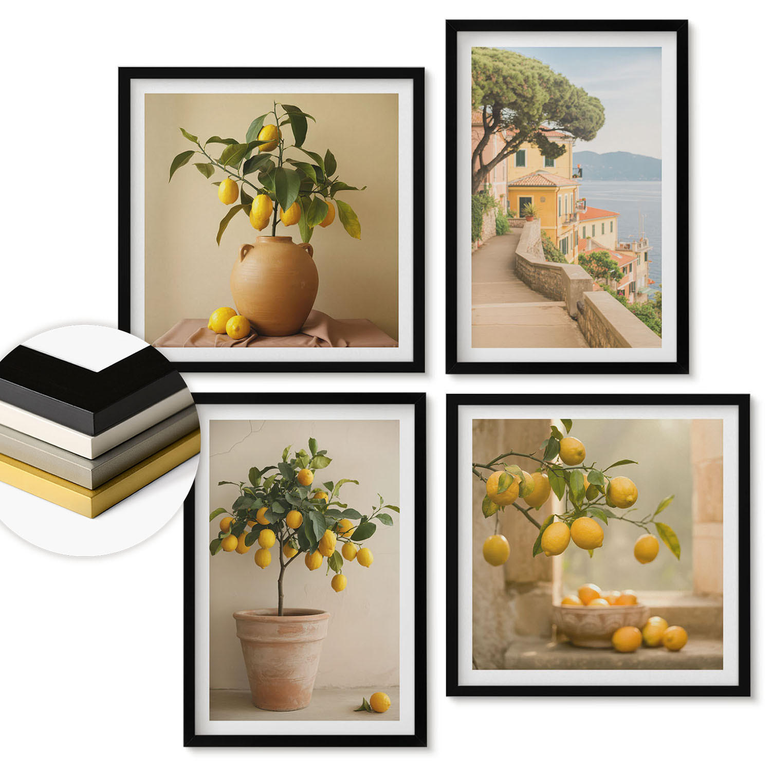 WANDBILDER 4er-Set - 50x50 cm & 40x60 cm Schwarzer Rahmen - Zitronenbäume im Topf - Schwarz, Kunststoff (50/50cm) - ArtPrintCave