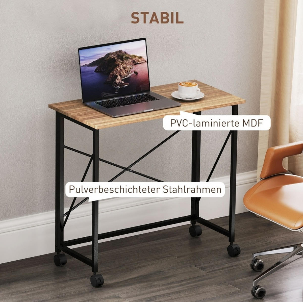 SCHREIBTISCH klappbar 80 x 40 cm Holz Oak mit Rollen - Eichefarben, Holz (80/40/75cm) - Meubliv