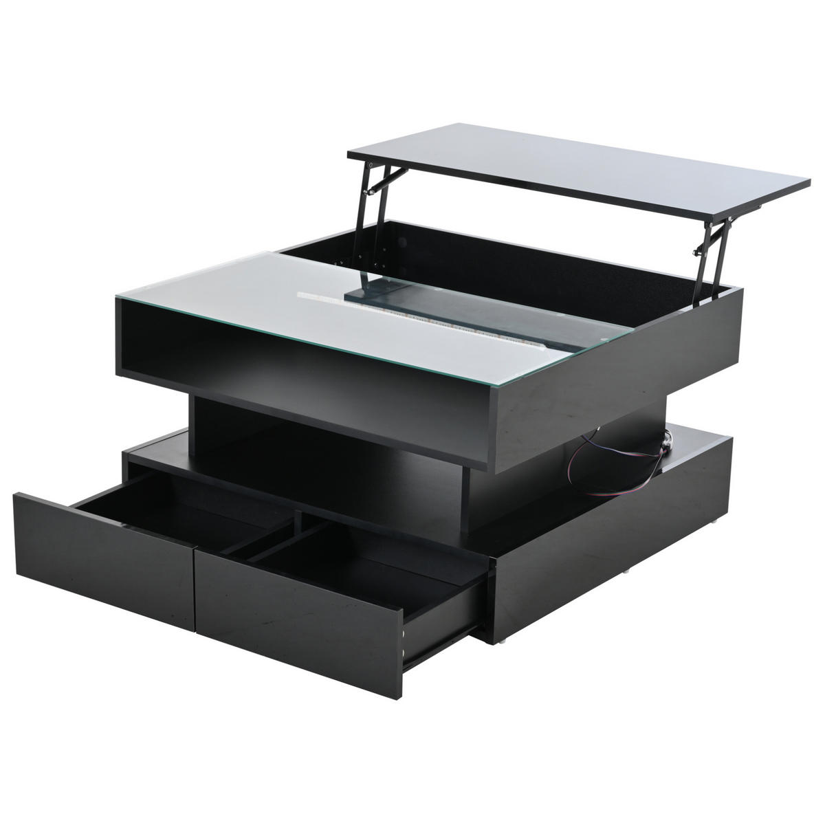 COUCHTISCH höhenverstellbar 80 x 80 cm Schwarz mit LED und 2 Schubladen - Schwarz, Holzwerkstoff (80/80/45cm) - Meubliv