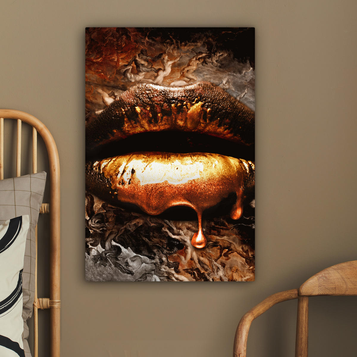 LEINWANDBILD Gold - Lippen - Kunst - Gold - Luxus - Abstrakt 40x60 cm - Kupferfarben, Textil (40/60cm) - MuchoWow