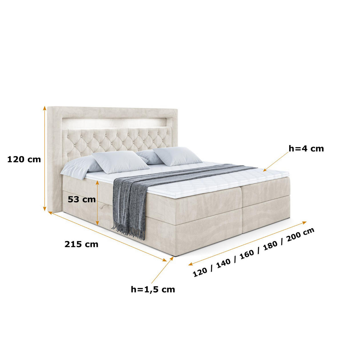 BOXBETT LED mit H3-Matratze und Lattenrost - NOEL GOLD - 140x200 Ecru - Ecru, Holzwerkstoff (140/200cm) - ALTDECOR