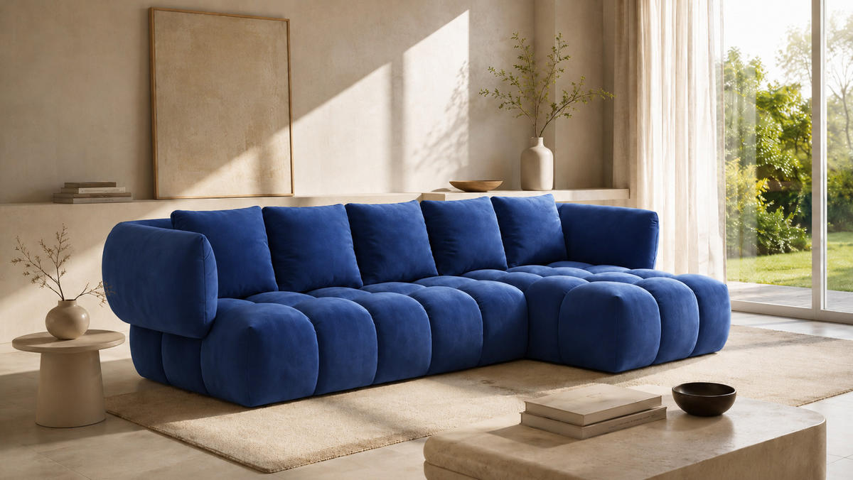 ECKSOFA L-Form, Veloursstoff Bluvel, Tintenblau, Rechts, SEVIO L - Blau, Holz (242/175cm) - Kaiser Möbel