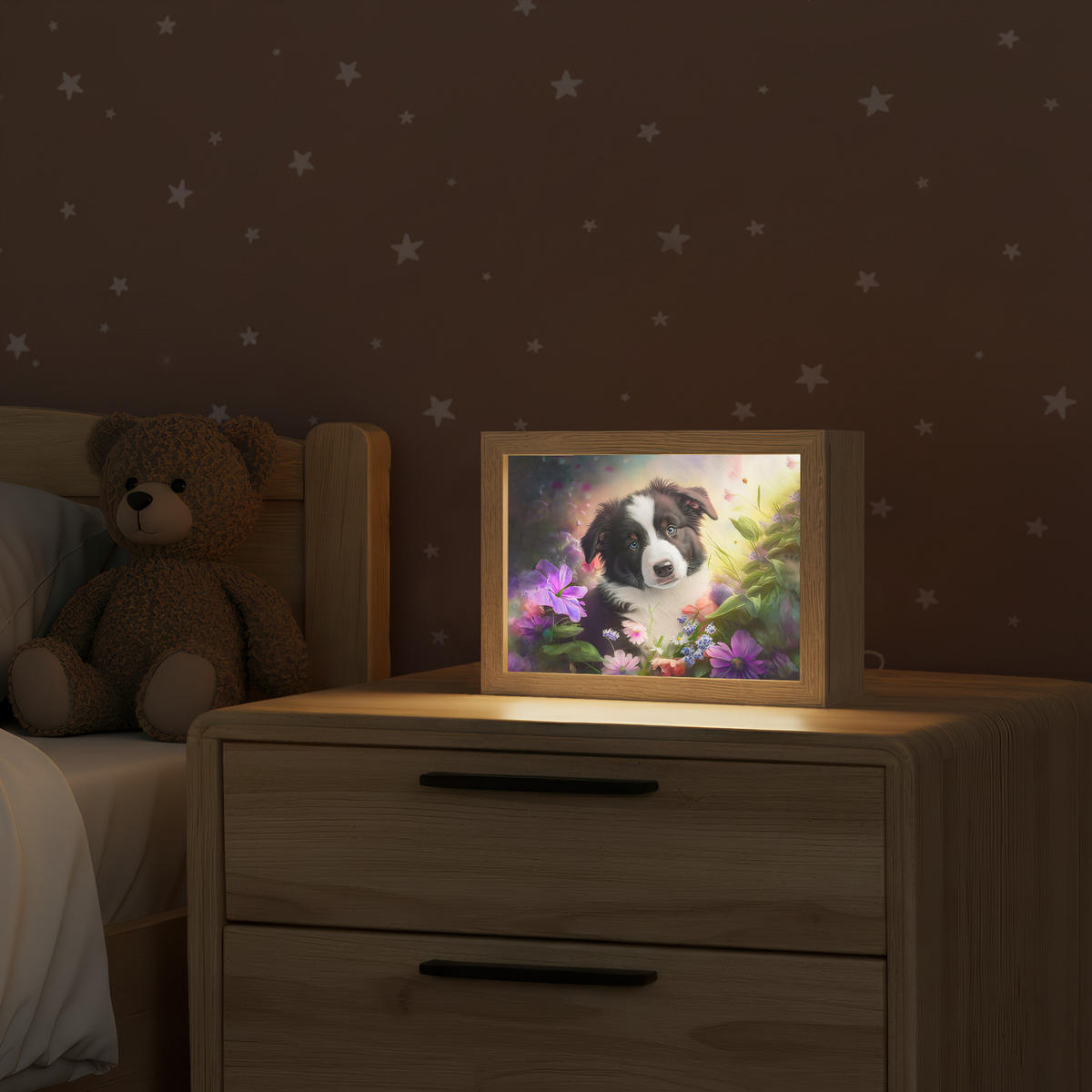 NÁSTĚNNÁ LAMPA Štěně - Slunce - Květiny - Příroda - Border kolie - Pes 20x15 cm - fialová, kompozitní dřevo (20/15/8cm) - OnlyWow