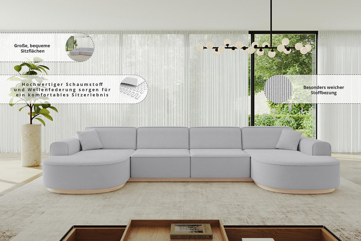WOHNLANDSCHAFT MARI-U2 - 380x163x81 cm Beige Cord - Beige/Schwarz, Holzwerkstoff/Kunststoff (380/81/163cm) - ALTDECOR