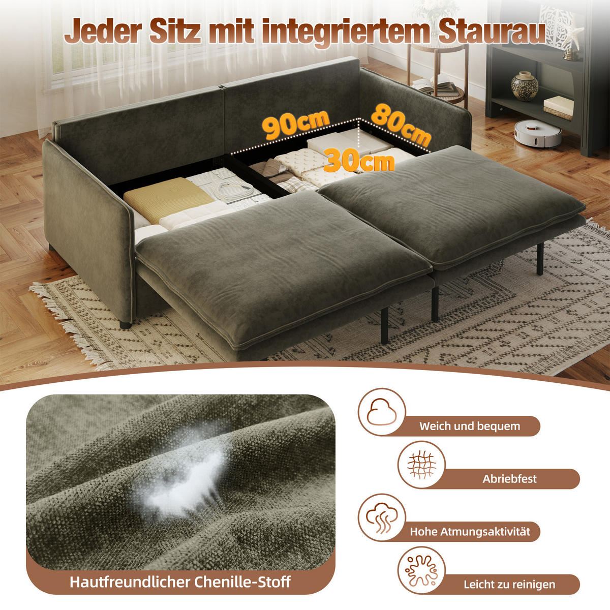 SCHLAFSOFA 3-Sitzer Chenille Wolken-Sofa mit Bettkasten Ausziehbar 206cm - Dunkelgrau, Textil (206/86/91cm) - Urban Meuble
