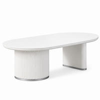 COUCHTISCH Oval Weiß 130 × 70 cm mit geriffeltem Säulengestell und Silberakzenten - Weiß, Holzwerkstoff (70/130/45cm) - HOOZ