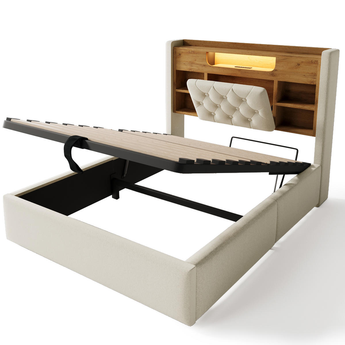 POLSTERBETT 90x200 cm in Beige mit hydraulischem Bettkasten, LED und Ladeanschlüssen - Beige, Textil (90/200cm) - IVMEU