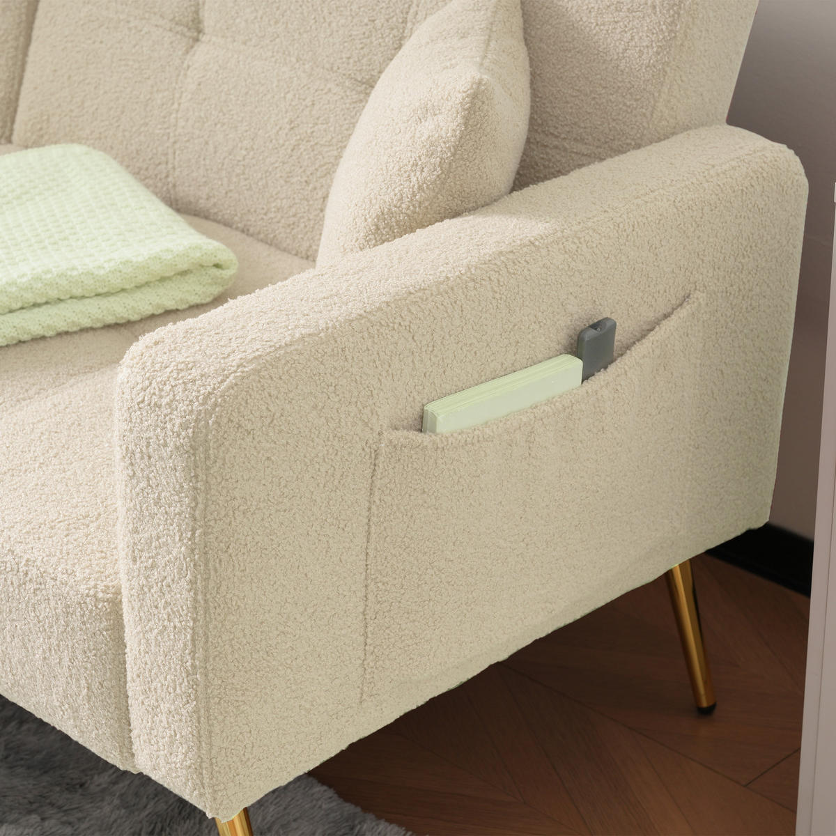 SCHLAFSOFA mit Bettfunktion, Kissen und goldfarbenen Beinen - Beige, Kunststoff (175/72/64cm)