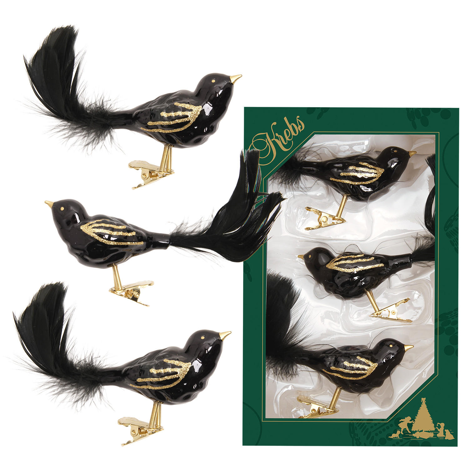 CHRISTBAUMSCHMUCK Waldvögel Schwarz 9cm (Glas / 3 Stk.) - Schwarz, Glas (4/4/9cm) - Krebs Glas Lauscha