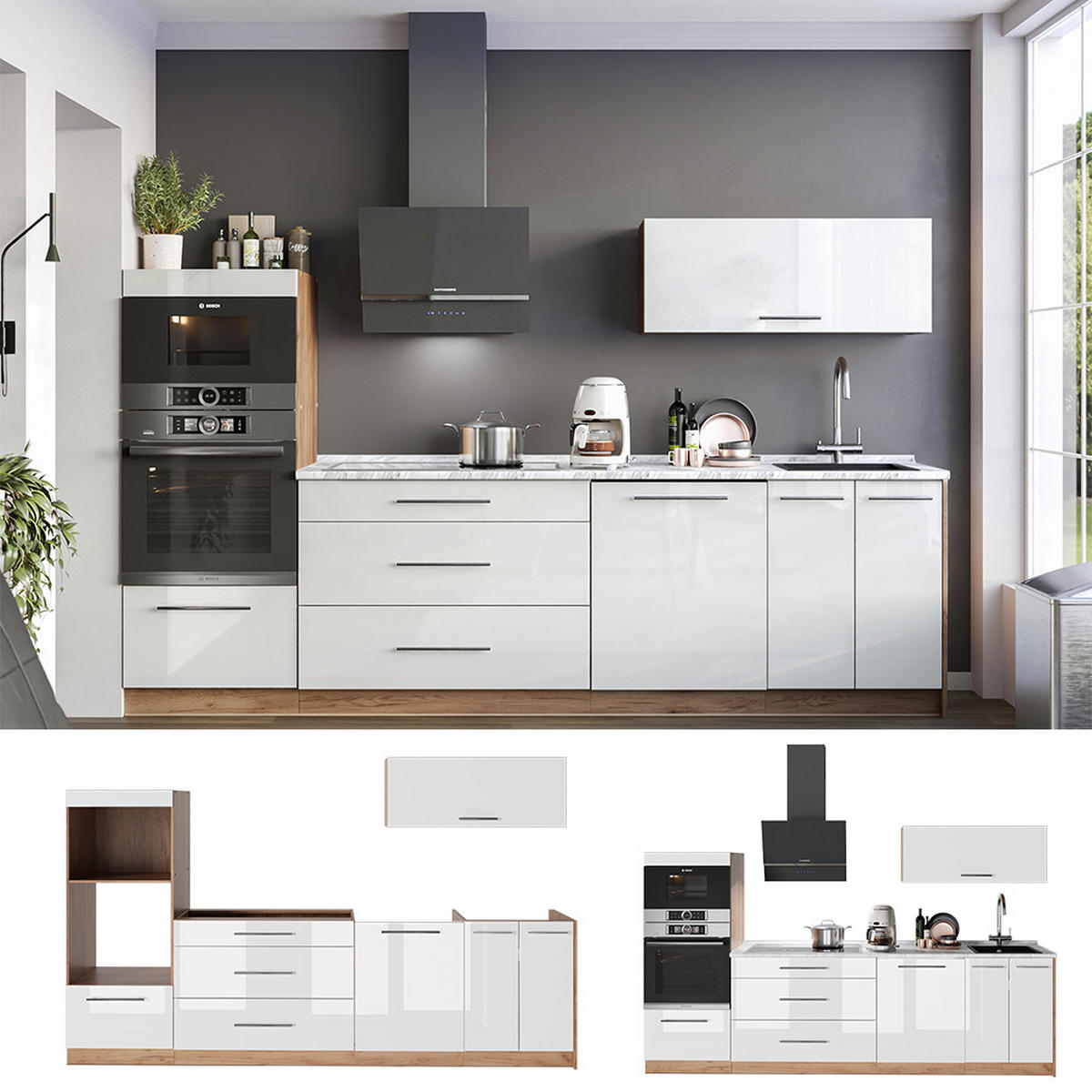 KUCHYNKA Fame-Line, Biely vysoký lesk/Dub Goldkraft, 280 cm, AP Marble - biela s vysokým leskom/dub medový, kompozitné drevo (280/153.6/60cm) - Vicco