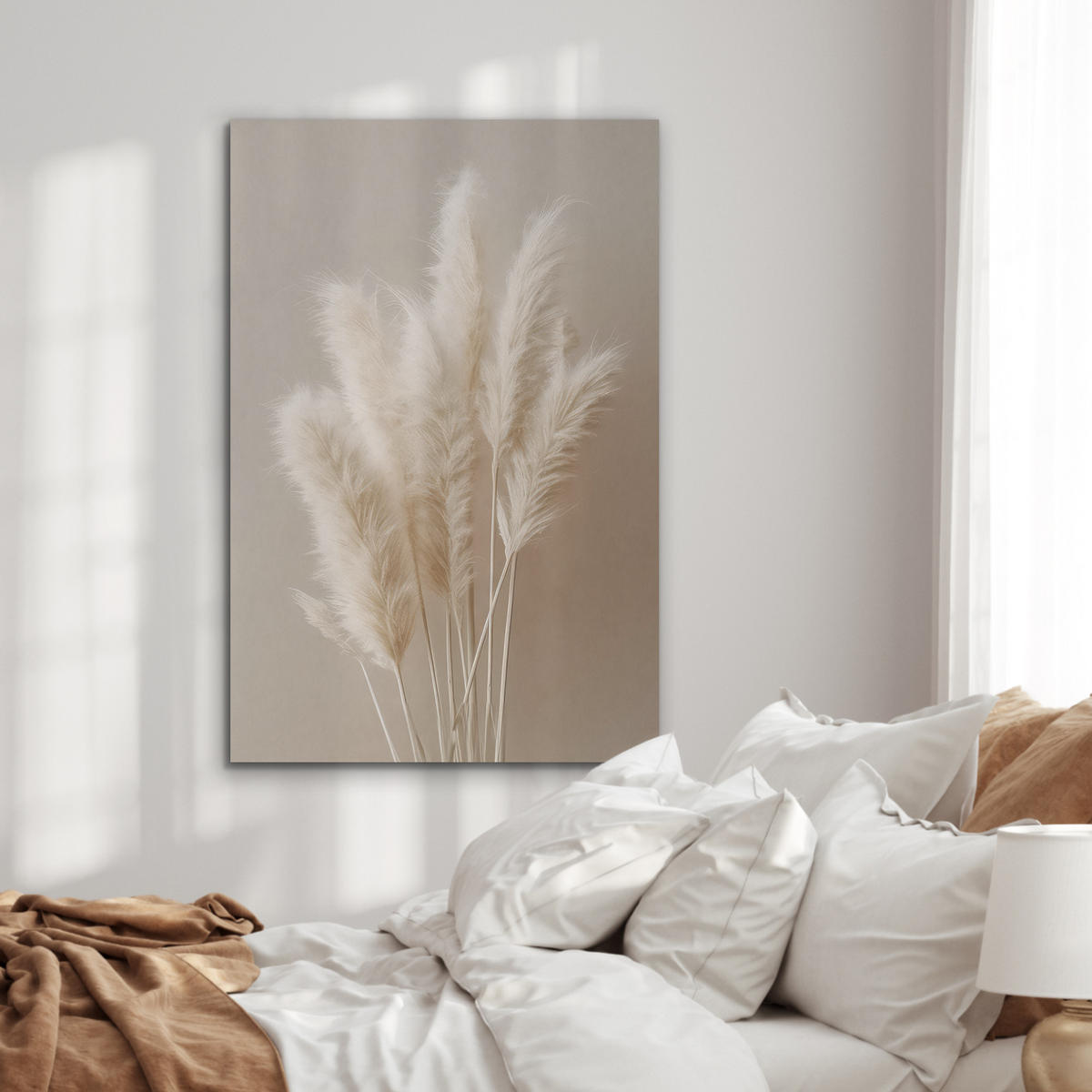 AKUSTIKBILD Pampasgras - Federn - Pastell - Weiß Wanddeko 60x90 cm - Naturfarben, Kunststoff (60/90/0.9cm) - MuchoWow