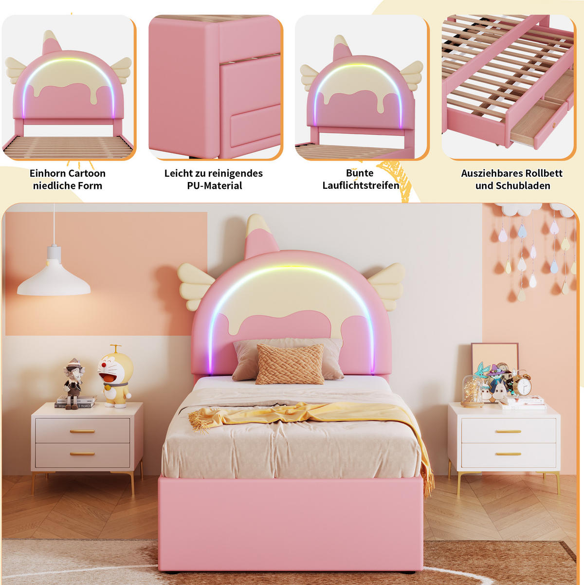 KINDERBETT 90/200 cm rosa aus PU und MDF mit ausziehbarem Rollbett - Pink, Kunststoff (90/200cm) - OKMYHOME