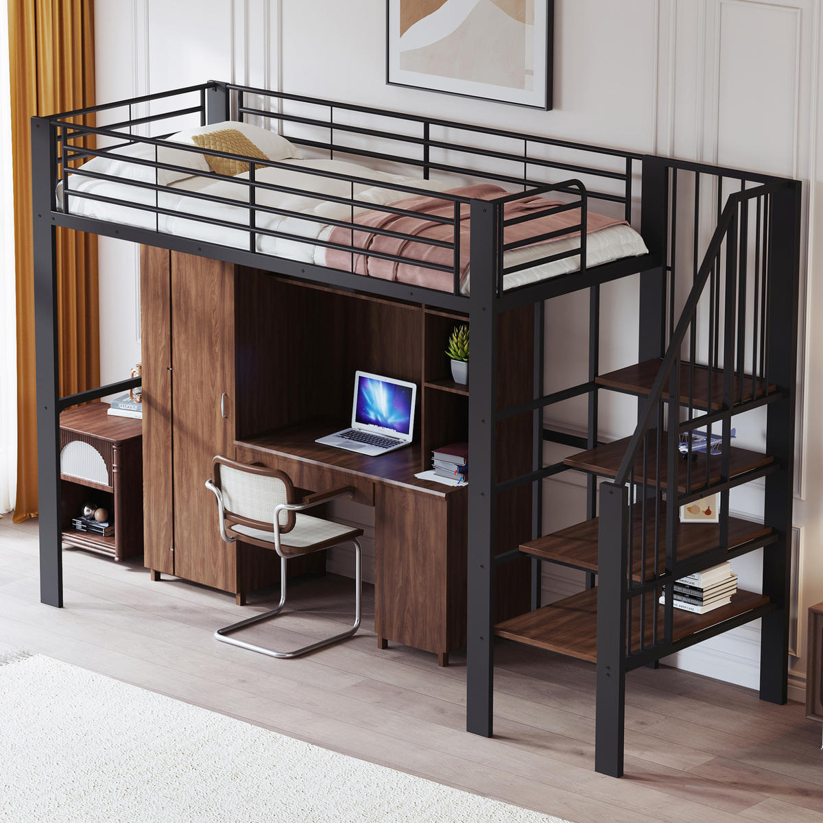 HOCHBETT aus Metall und Holz 90x200 cm Schwarz mit Stauraum und Treppe - Schwarz, Metall (90/200cm) - IVMEU