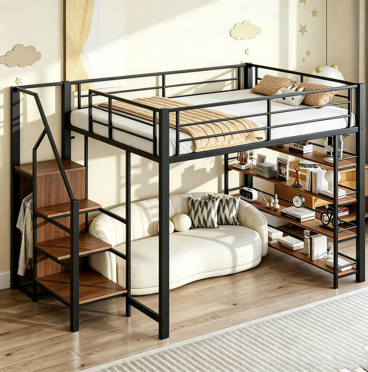 HOCHBETT 140/200 cm aus Metall mit Stauraumtreppe und Kleiderschrank, Schwarz - Schwarz, Metall (140/200cm) - OKMYHOME