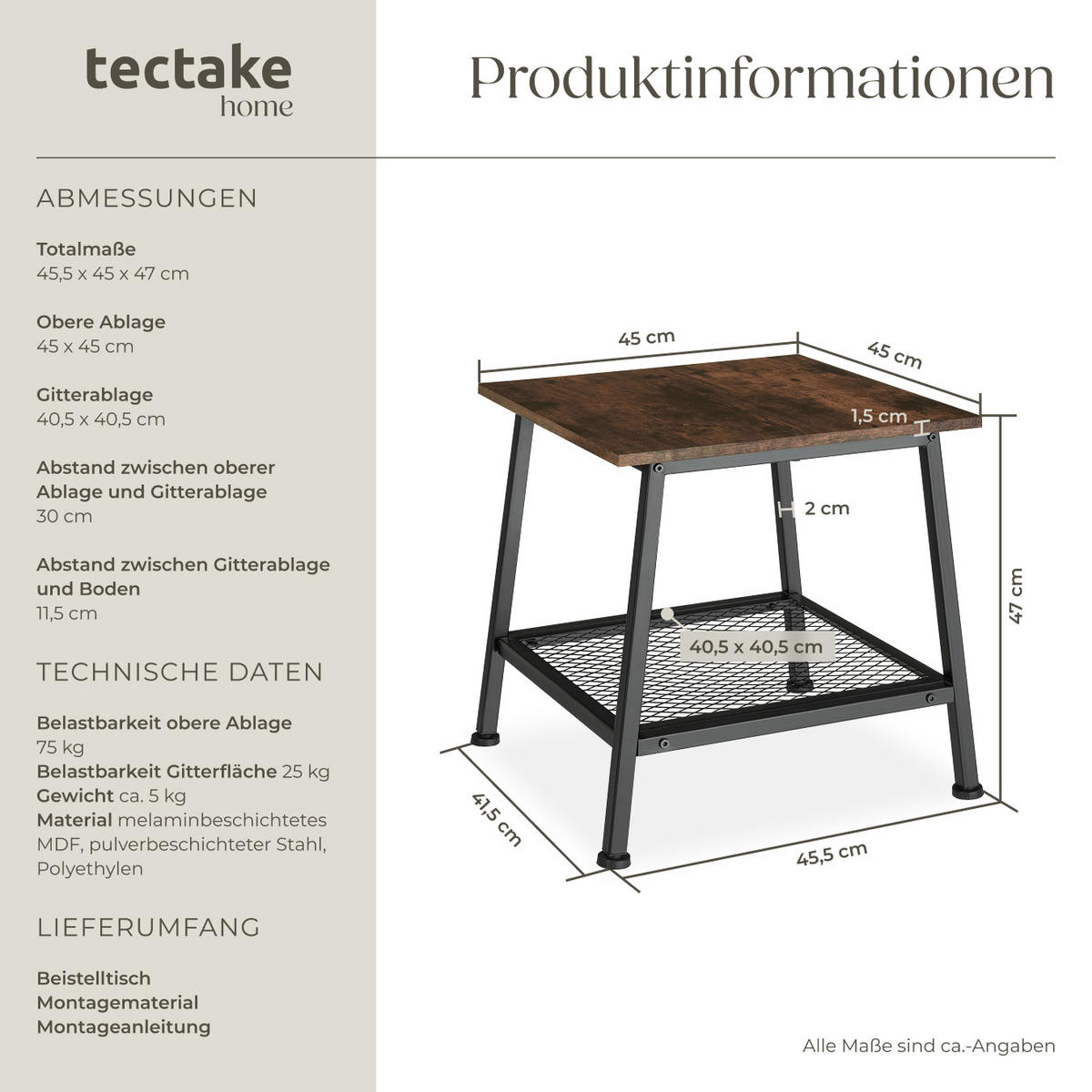 BEISTELLTISCH Bedford,45,5 x 45 x 47 cm,Industrial Holz dunkel, rustikal - Rostfarben, Holz (45.5/45/47cm) - tectake