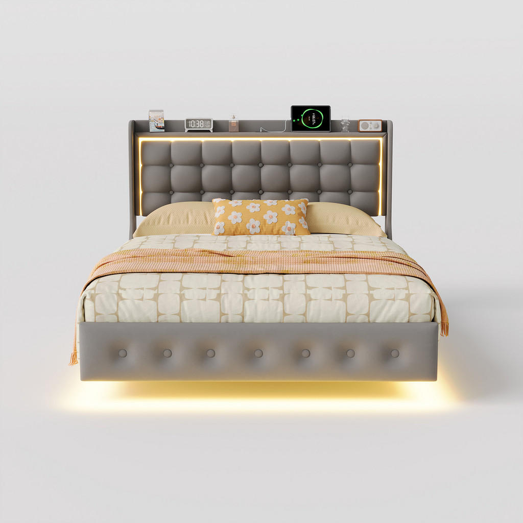 SHOPENTRA MANŽELSKÁ postel 160x200 šedý samet, RGB-LED, USB, čelo s knoflíky