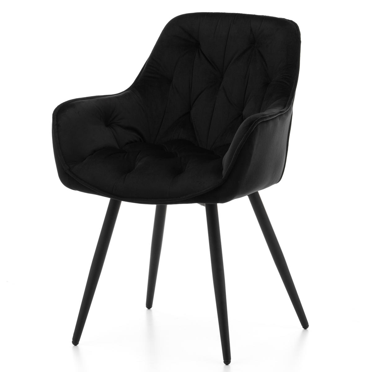 STUHL SIENA gepolstert mit Steppung - schwarz schwarze Beine - Samt Velours - Schwarz, Textil/Metall (58/87/61cm) - NEW HOME