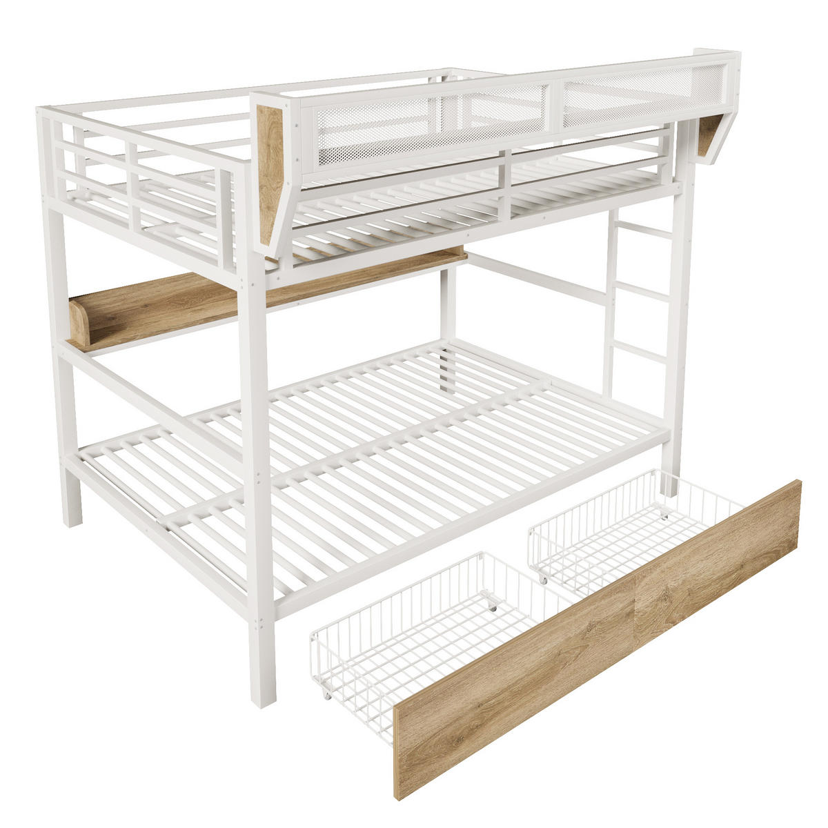 ETAGENBETT 140/200 cm in Weiß mit Ablagebord, Aufbewahrungskorb, Schubladen und LED - Weiß, Holzwerkstoff/Metall (140/200cm) - WISHDOR