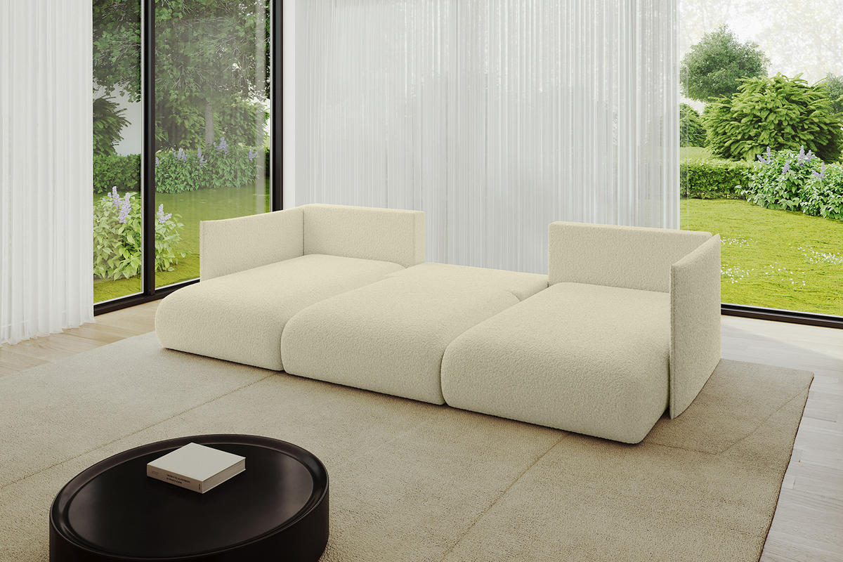 WOHNLANDSCHAFT mit Schlaffunktion und Bettkasten ONESK-U 304x165x40 Beige Bouclé - Beige, Holzwerkstoff/Kunststoff (304/90/165cm) - ALTDECOR