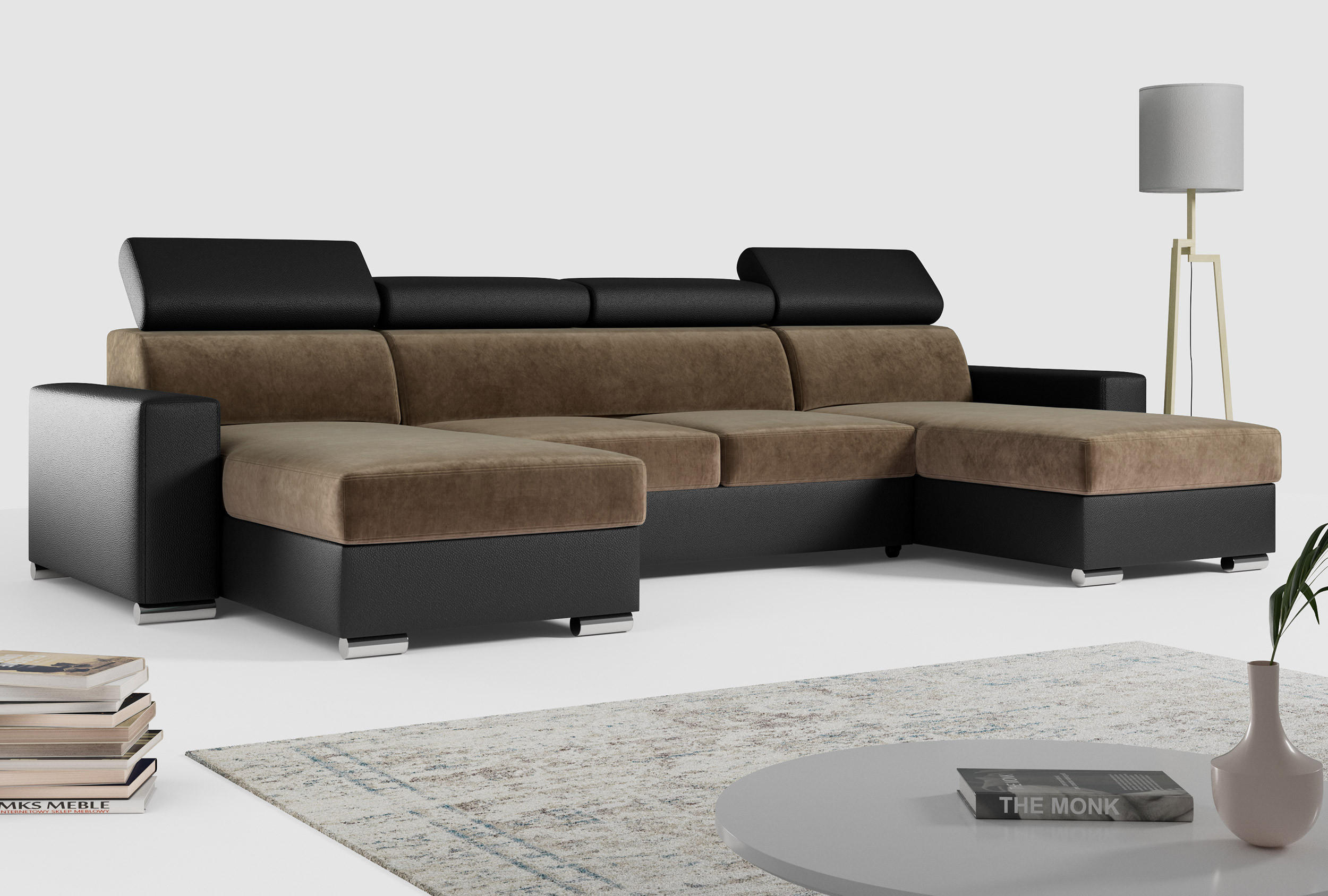 WOHNLANDSCHAFT FOX U Braun/Schwarz - Velvet/Kunstleder - Silberfarben/Schwarz, Kunststoff/Textil (306/98/168cm) - MKS