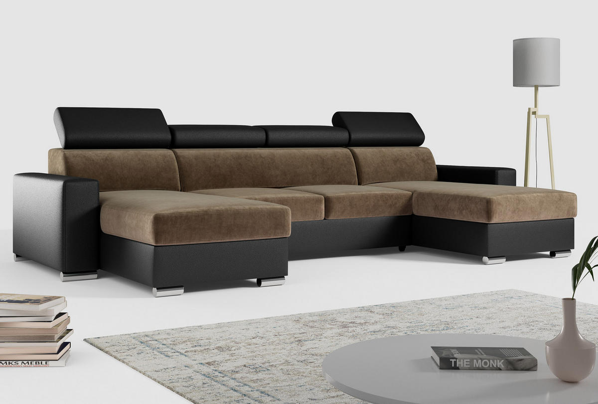 WOHNLANDSCHAFT FOX U Braun/Schwarz - Velvet/Kunstleder - Silberfarben/Schwarz, Kunststoff/Textil (306/98/168cm) - MKS