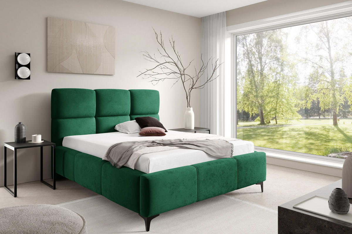 POLSTERBETT SENTO, 180x200 cm, Doppelbett mit Bettkasten, Velourstoff, Frabe: Grün - Grün, Holz/Textil (180/200cm)