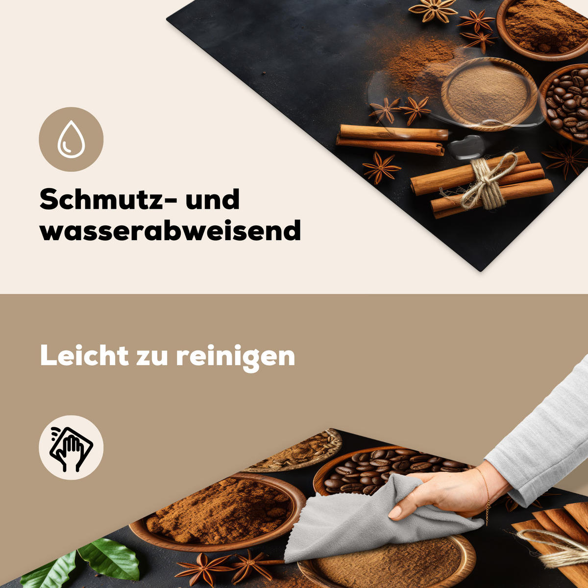 HERDABDECKPLATTE Zimt - Beton - Kaffee - Zimtstangen - Gewürze Induktionsschutz 81.6x52.7 cm - Mokka, Kunststoff (81.6/52.7/0.2cm) - MuchoWow
