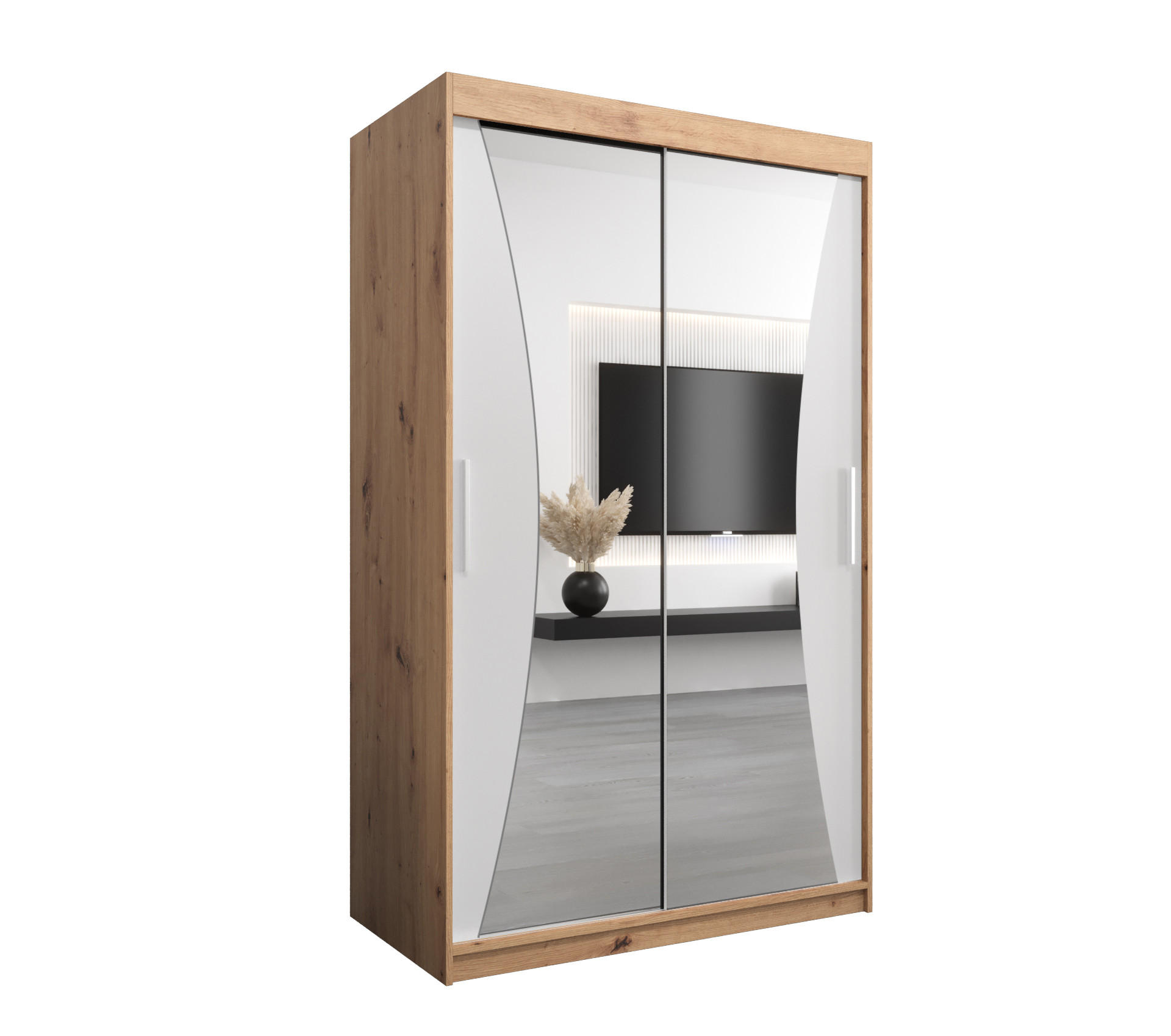 Abiks Möbel Schwebetürenschrank Eiche Artisan, Weiß 120x200x62 cm