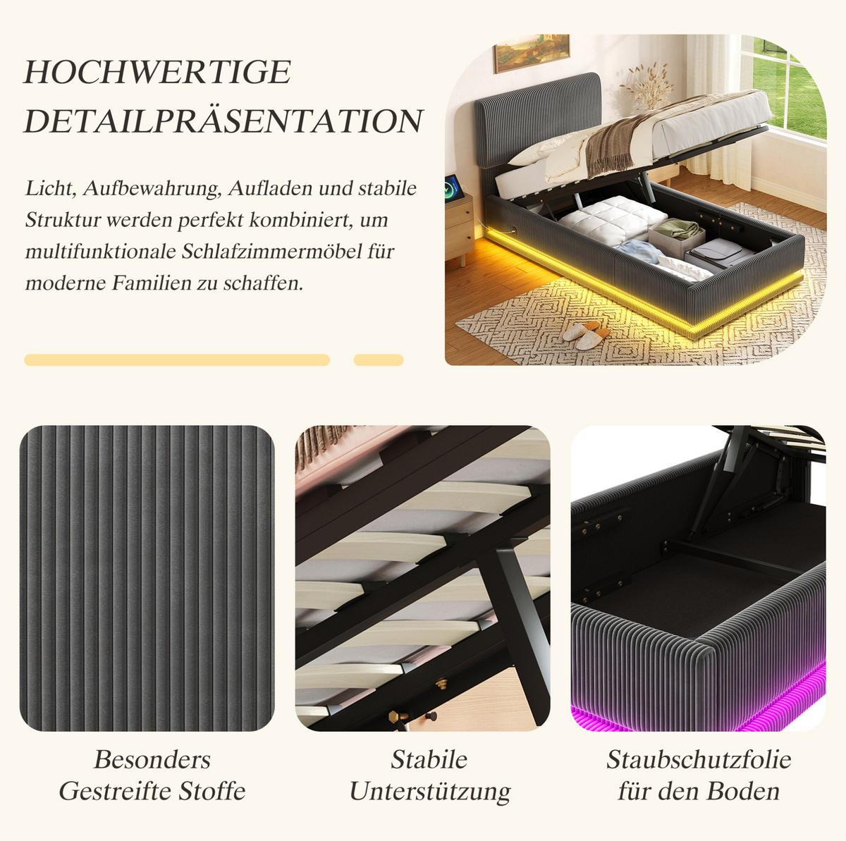 POLSTERBETT 90/200 cm mit LED-Beleuchtung, USB-C-Anschluss und Bettkasten, Dunkelgrau - Dunkelgrau, Textil (90/200cm) - Redom